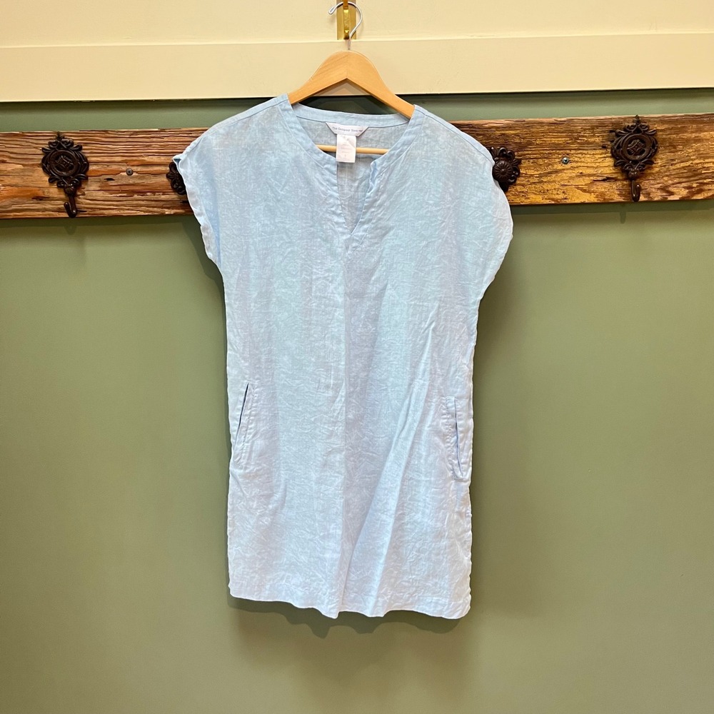 The Company‎ Store Light Blue 100% Linen Shift Dress Split Neck Pockets SI14 S